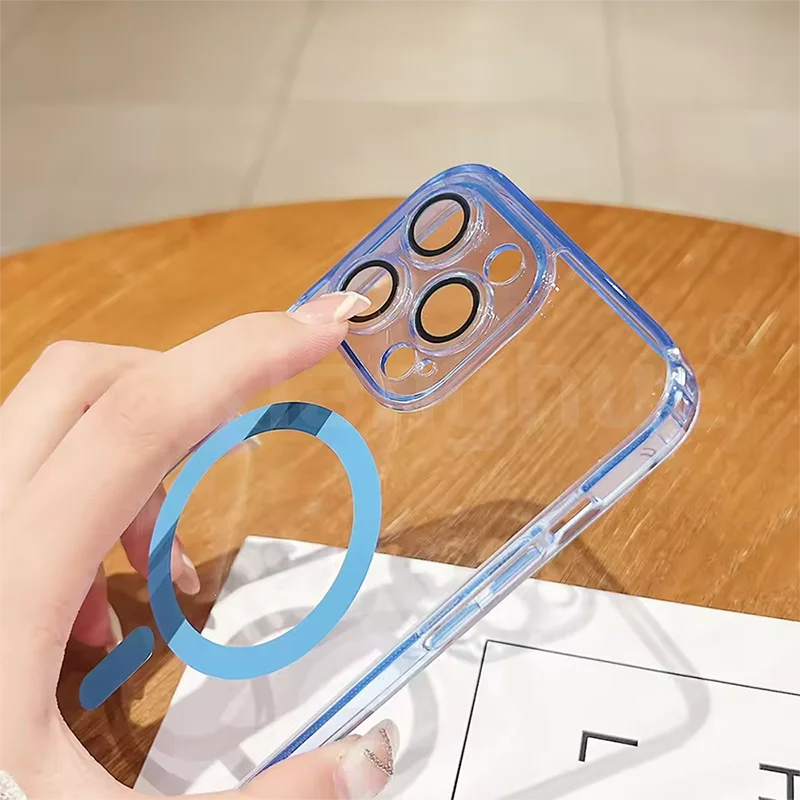 حافظة فاخرة شفافة هجينة بلون الحلوى الصلبة لهاتف آيفون 17 Air 16 15 14 13 12 11 Pro Max Plus مغناطيسية Magsafe Soft Tpu Shell