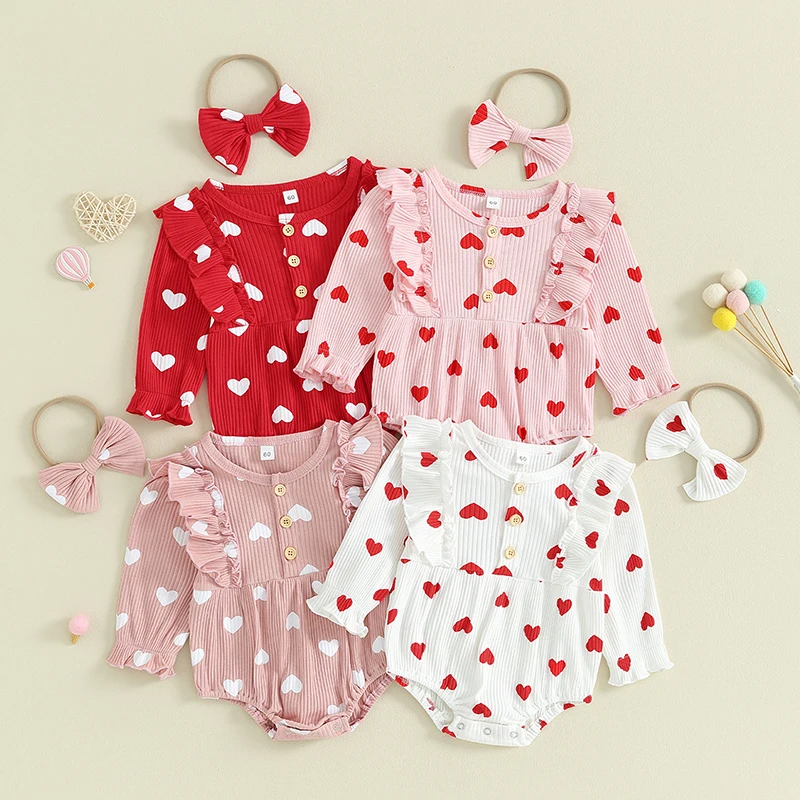 Suefunskry Baby Girls Spring Autumn Bodysuit Ruffled Long Sleeve Valentine\'s Day Heart Print Button Romper with Headband