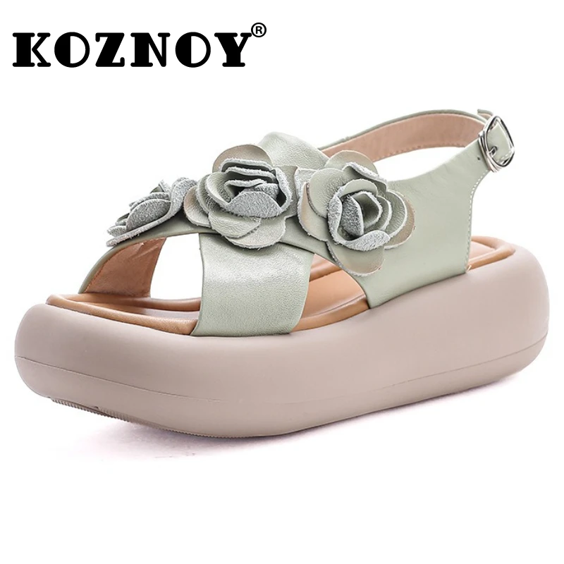 

Koznoy/женские сандалии 5,5 см, женские модные мокасины из коровьей натуральной кожи, летняя обувь на танкетке с цветочной аппликацией и цветочным крючком