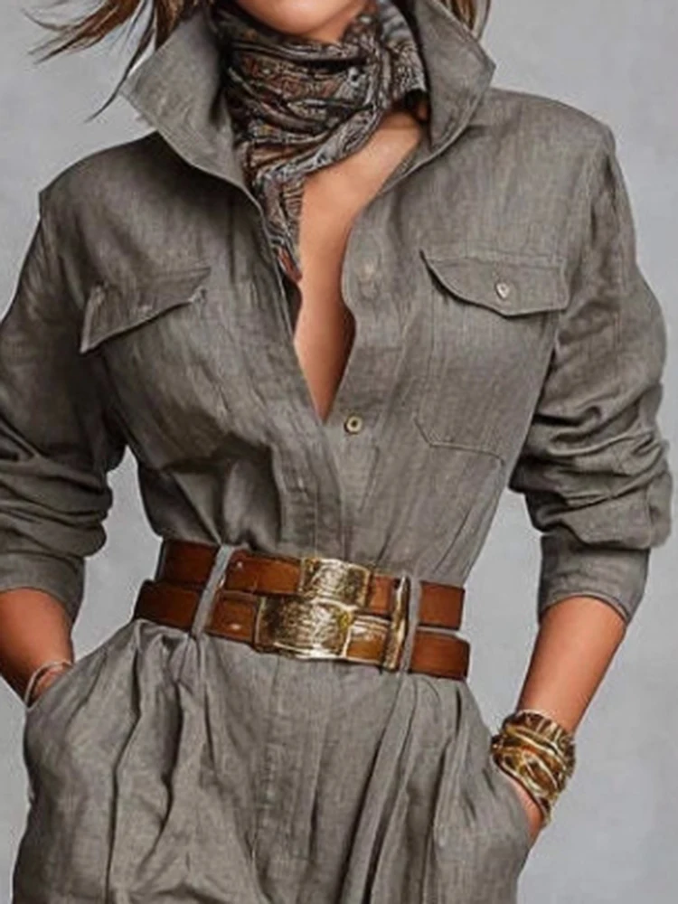 Vintage High Waist Pocket Jumpsuits Casual Lapel Long Sleeve Playsuits Overalls Autumn Women New Single Breasted Commute Rompers