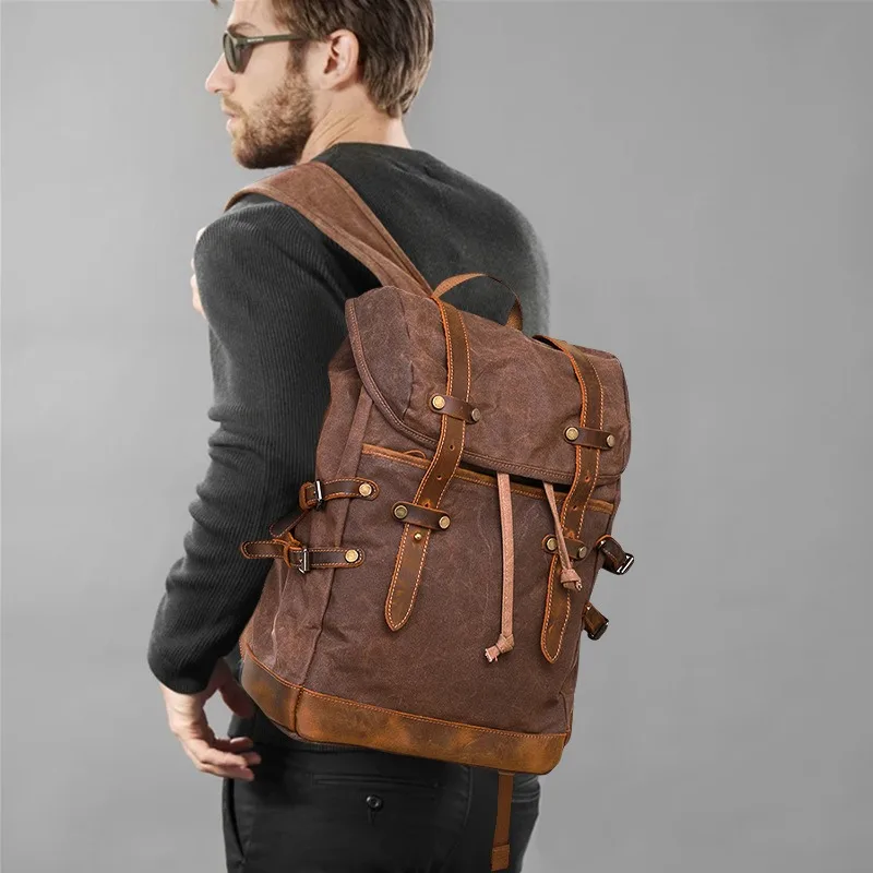 New Wax Canvas Bag with Genuine Leather Travel Outdoor Backpack Horseskin Men's Bag