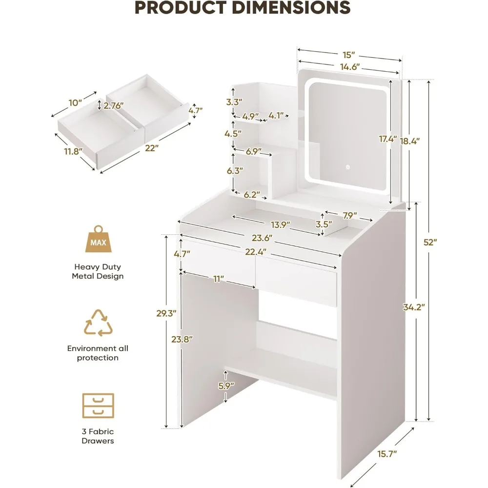 Set Meja Rias Kecil dengan Cermin Persegi dan Meja Rias Ringan dengan Laci- Putih