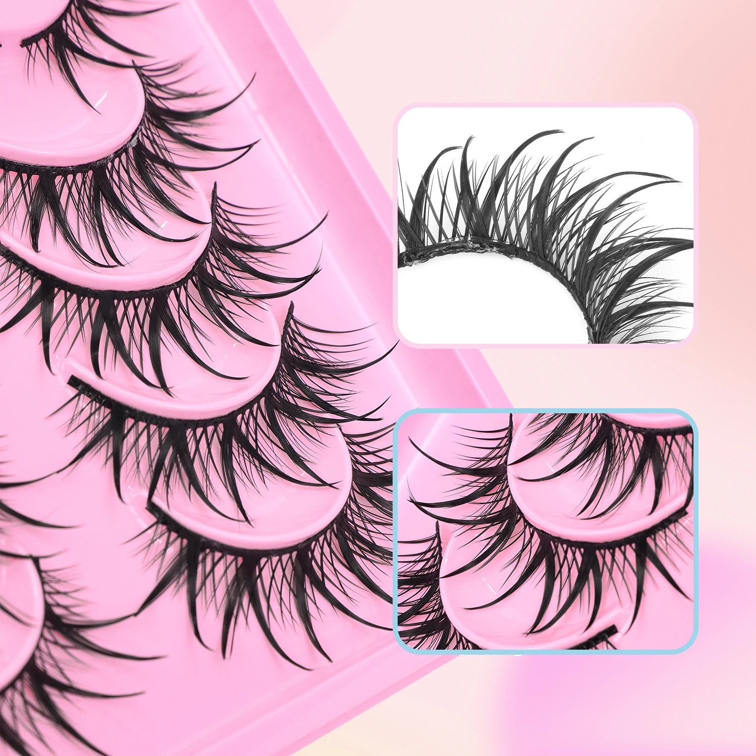 6 Pairs of Super Mirror Wet Pointed Little Devil Slanted Flying False Eyelashes, Whole Curled and Thick Cosplay Eyelashes
