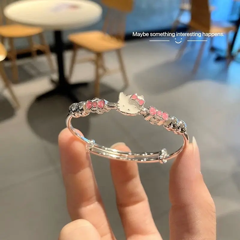 

High quality 999 Sterling Silver Bracelet For Women Kawaii Sanrio Hello Kitty Bangle Holiday Party Jewelry Gift Free Shipping