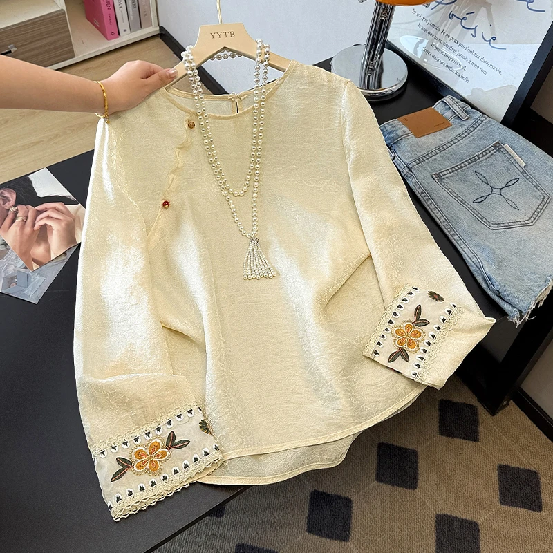 

plus Size Women's irt round Ne Long Sve Embroidered Floral Print Base Layer Top Spring Autumn New Sle Comfortable Fit