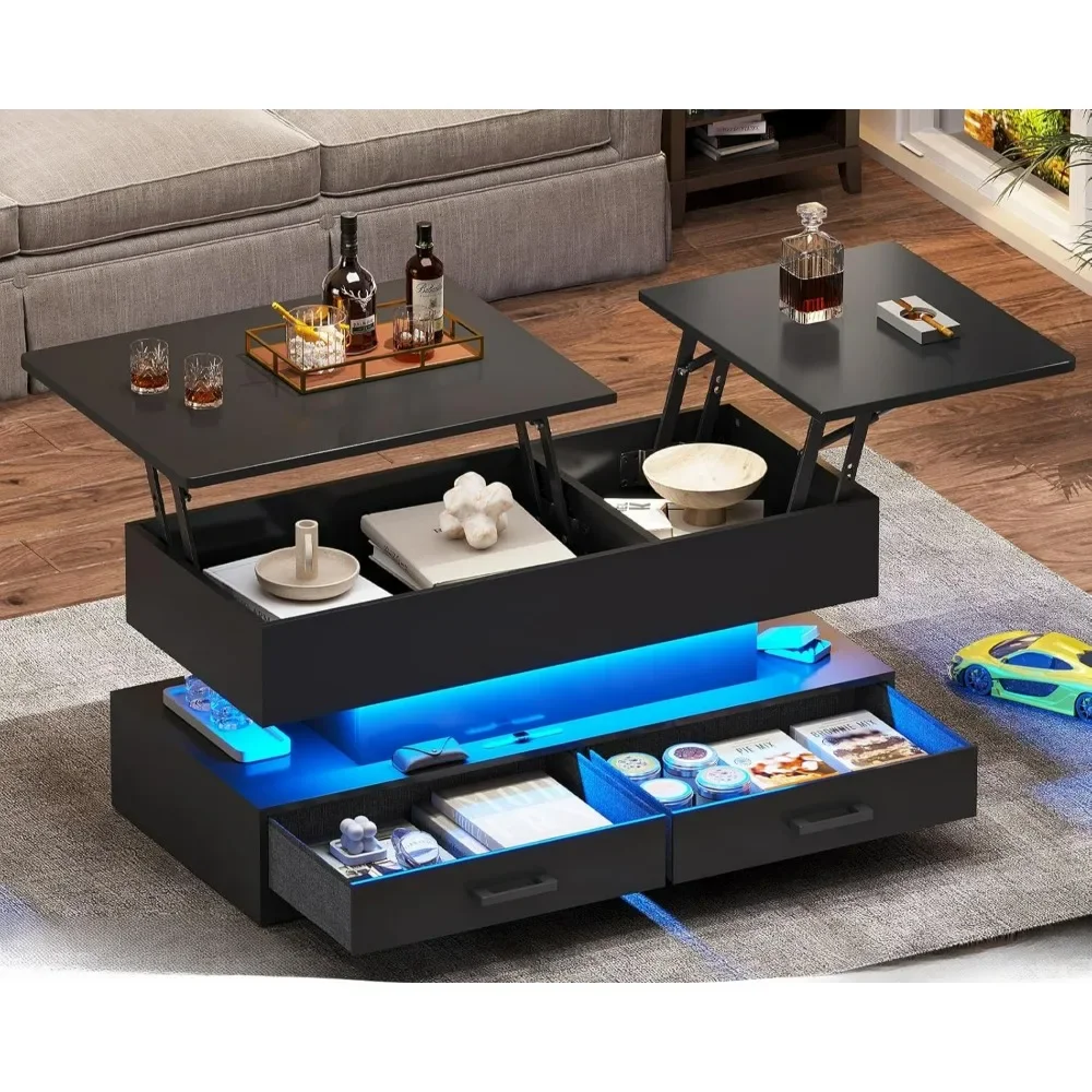 

Coffee Table, Tables with 2 Fabric Drawers for Living Room, Small Modern Coffee Table with Storage & LED Light, Café Tables