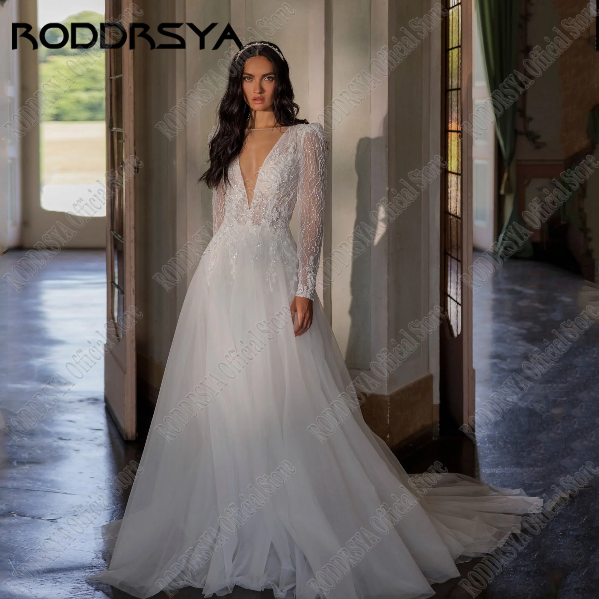 

RODDRSYA Full Sleeve Wedding Dress For Bride Customized Scoop Neck Open Back Sparkling Applique A Line Bridal Gown Sweep Train