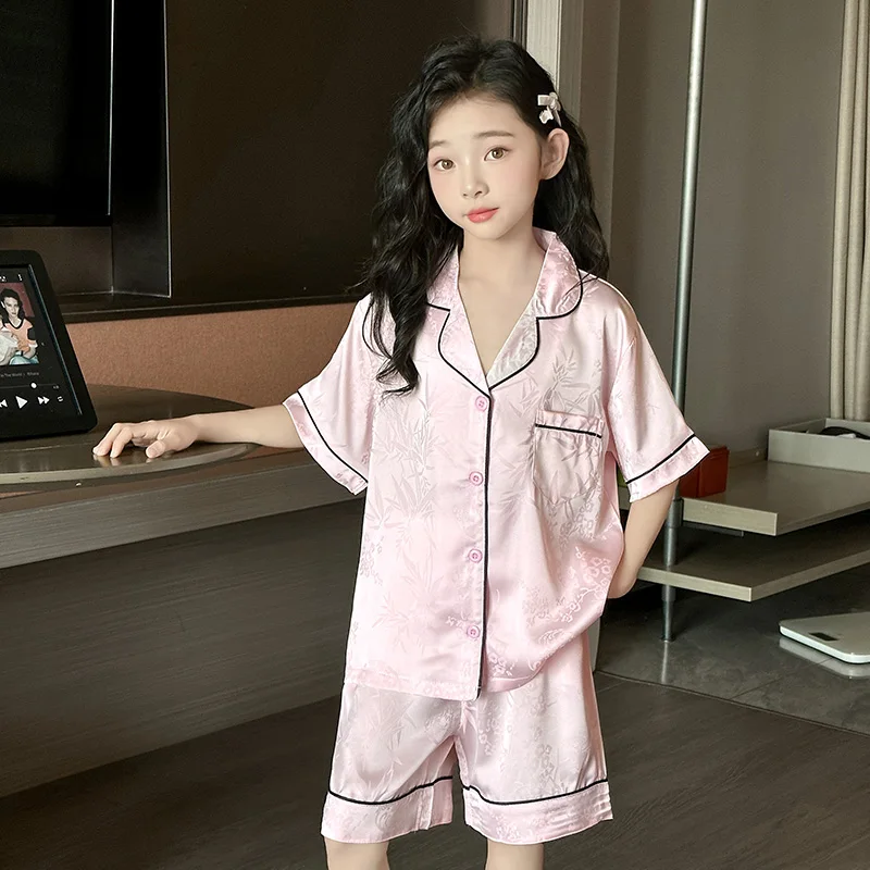 طفل الفتيات منامة مجموعات الاطفال زر أسفل ملابس خاصة طفل النوم مجموعة توين الفتيات بيجامة الأميرة الحرير ناعم ملابس خاصة حجم 4-14Y #2