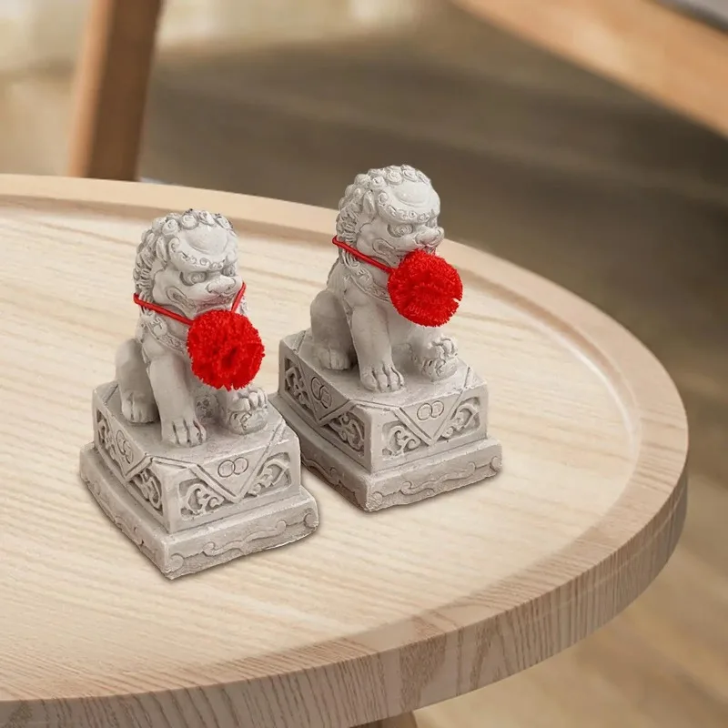 2x Fu Foo Stone Lion Statues Miniature Stone Lion Statue Chinese Feng Shui Decor for Office Table Bedroom Living Room Shelf