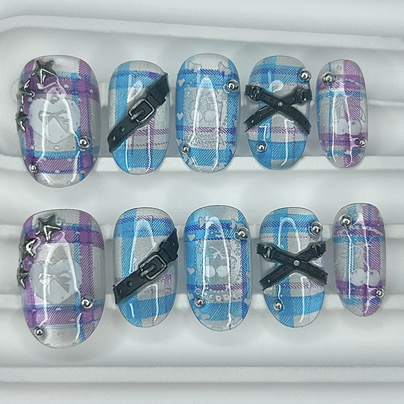 Baddie Y2K Neon Blue Pink Checkered Oval Short Press On Nails Handmade 3D Star Stud Bow Cherry Cute Cat Eye Glitter Fake Nails