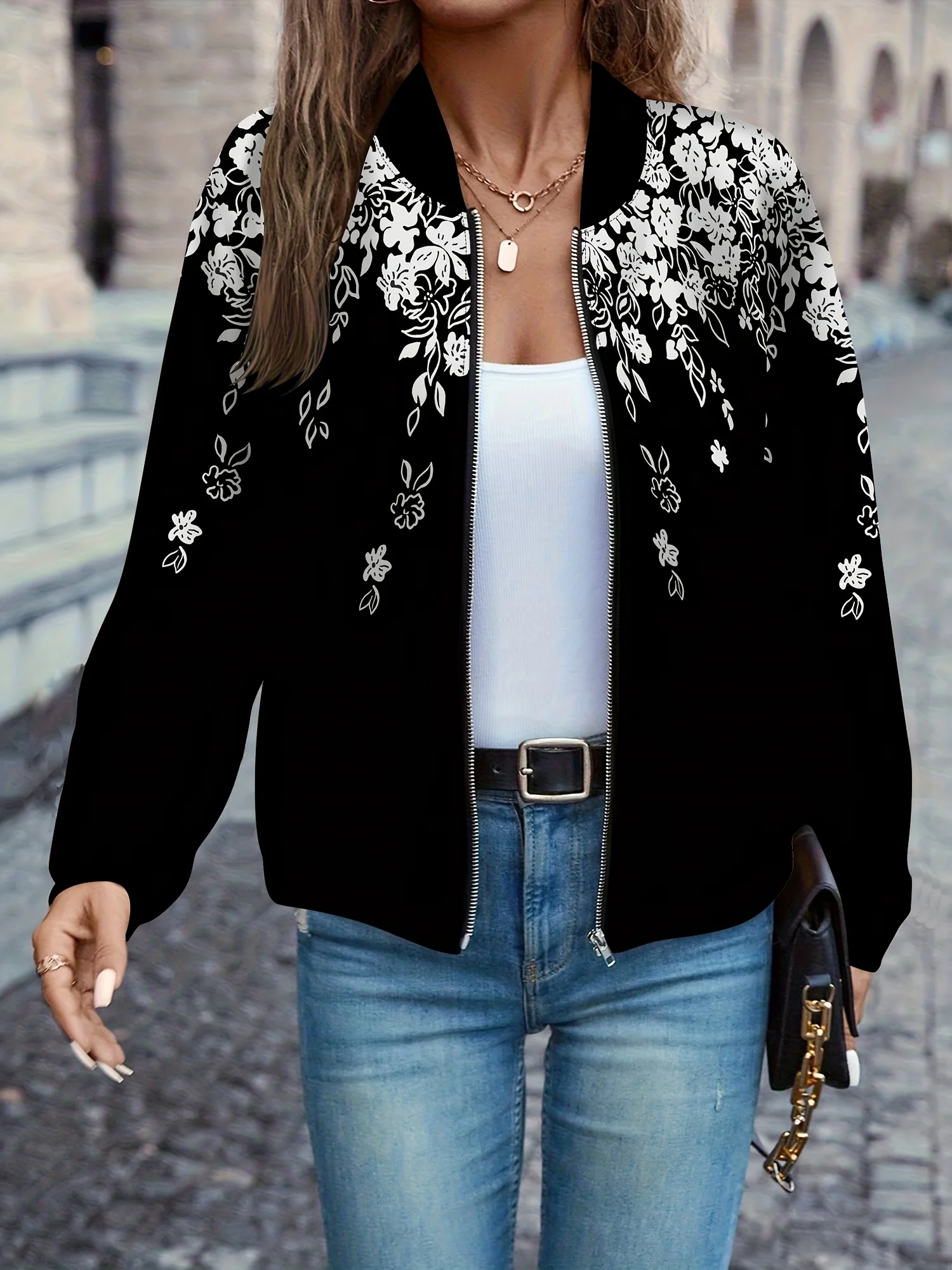

Женская черная куртка с цветочным принтом, элегантный всесезонный дизайн, универсальная одежда для офисной вечеринки, верхняя одежда, которую можно стирать в машине