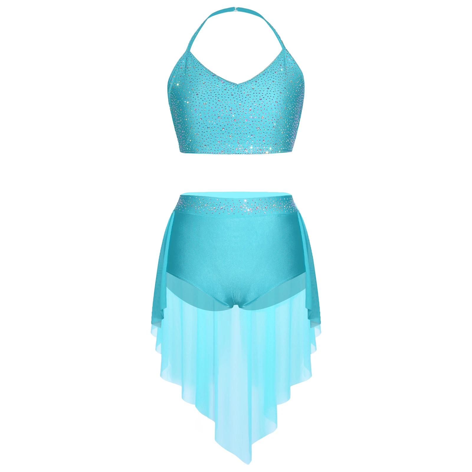 

Women Figure Skating Belly Samba Rumba Dance Outfit Performance Costume Glittery Rhinestones Vest Top And Mesh Skirted Shorts
