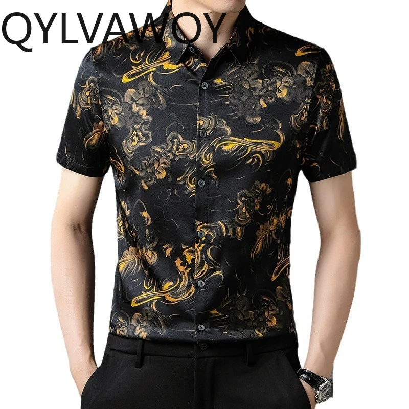 

QYLVAWOY High-end Shirts for Man 93% Mulberry Silk Printed Shirt Lapel Thin Men's Shirts Short Sleeve Summer Man Clothing Tops