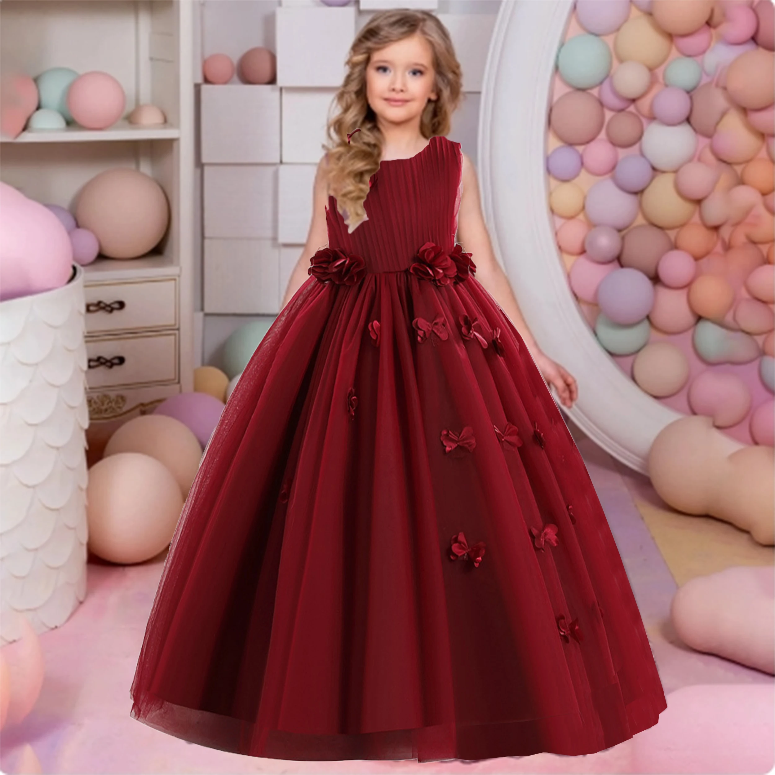 

Shiny Toddler Little Big Girls V Backless 3D Flower Girl Birthday Party Formal Dress Long Formal Pageant Dress LP-509