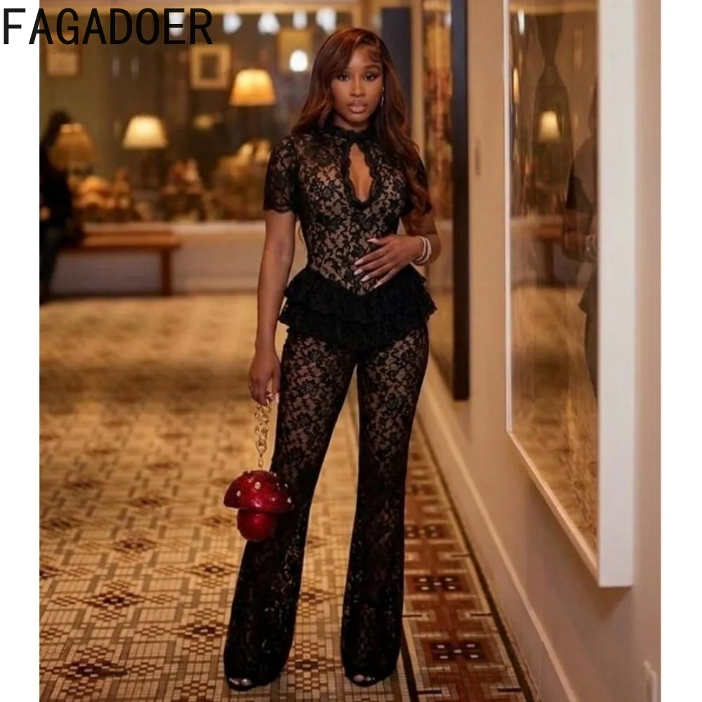 FAGADOER Women Lace Jumpsuit Short Sleeve Mock Neck Cutout Ruffle Waist Flare Pants Sexy Bodycon Elegant Party Club Outfit