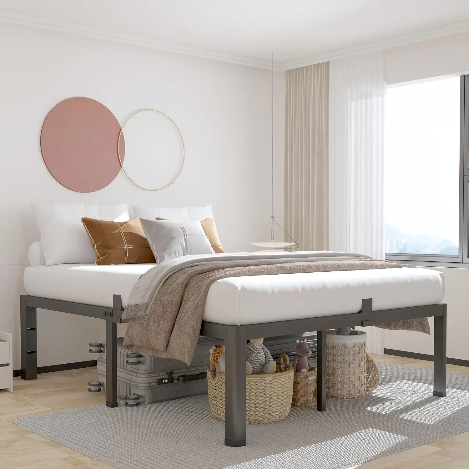 18 Inch Queen Size Heavy‑Duty Steel Bed Frame with Rounded Corners & 4 Mattress Stoppers, 3500 LBS Load Capacity, 16.4