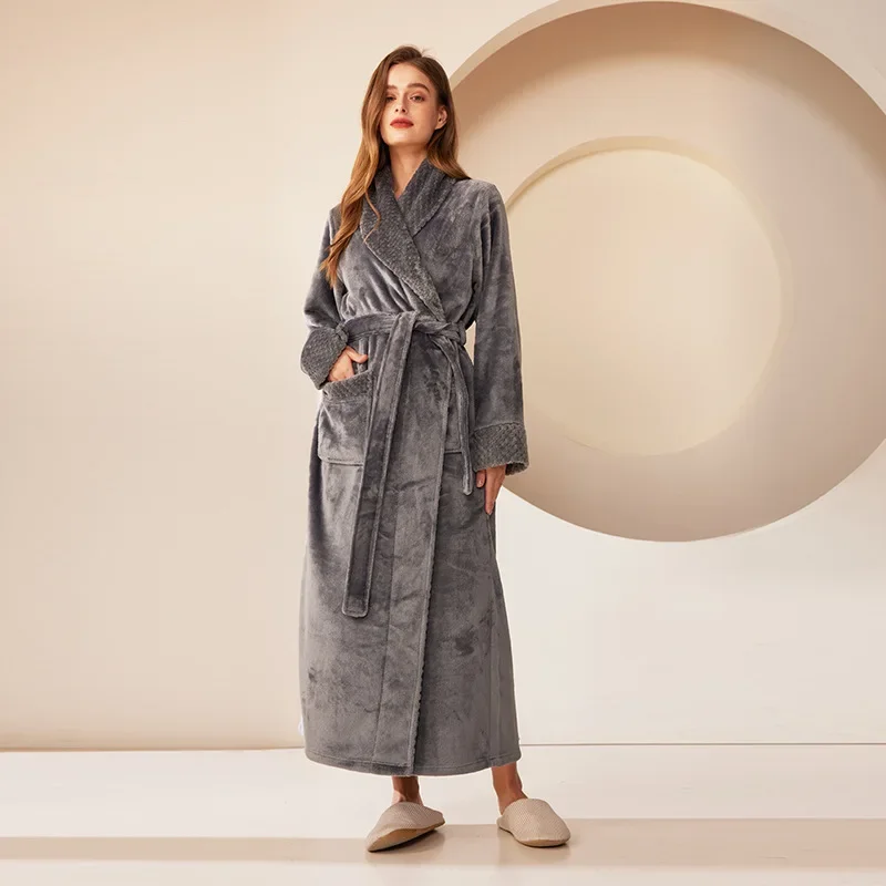 Autumn and Winter Warm Long Coral Velvet Thick Couple Solid Color Bath Bathrobes Men Women Pajamas Shower Plush Warm Long Robe
