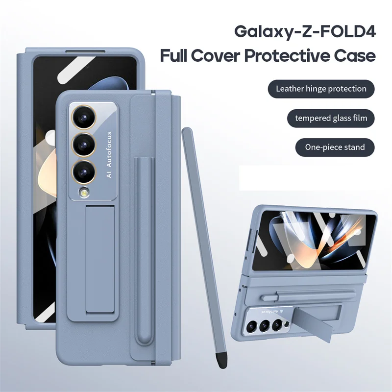 

Luxury Leather Folding Hinge Phone Case For Samsung Z Fold 4 5 With Pen Slot Outer Shell Film Bracket Accessory Protective Case