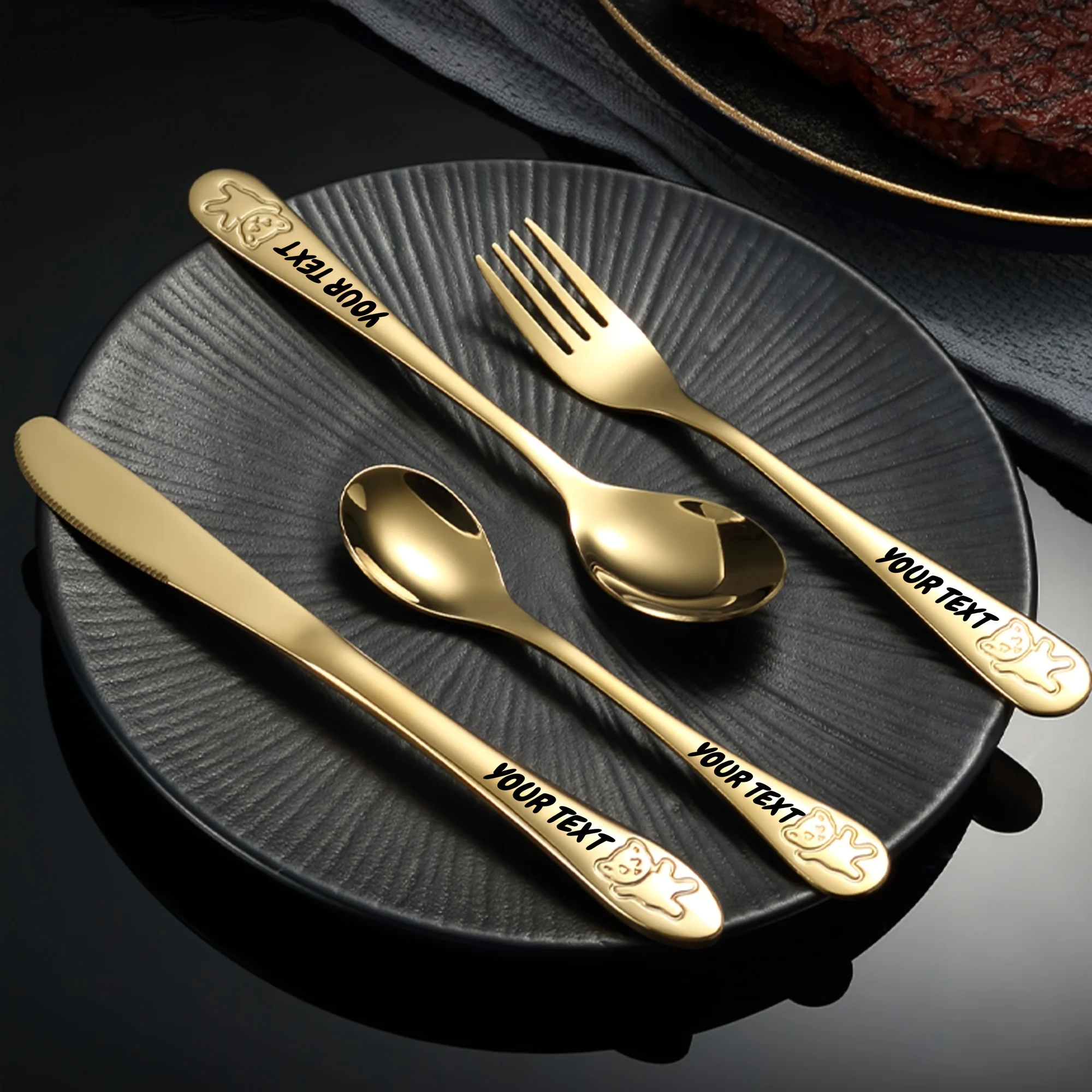 4pc Customizable Name 304 Stainless Steel Flatware Set with Cute Bear Design Personalized Text Include Knife Fork Spoon Teaspoon