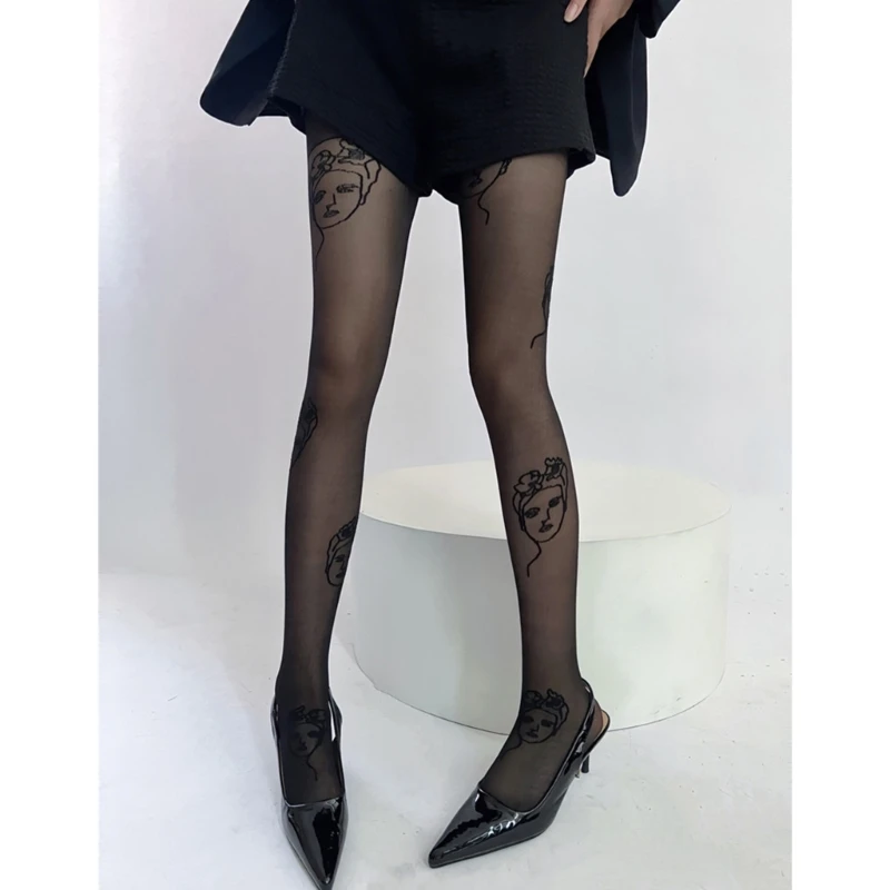 Fashion Elegant Abstract Flower Lady Printed Sheer Silk Tights for Women Breathable See Through Pantyhose Stockings Hosiery