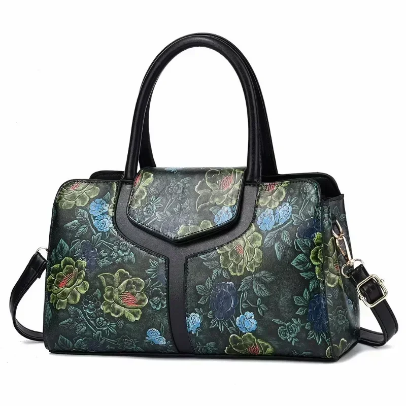 

Fashion Shoulder Tote Bag for Women Retro Flower Pattern Portable Satchel PU Commuting Luxury Boston Female Crossbody Handbags