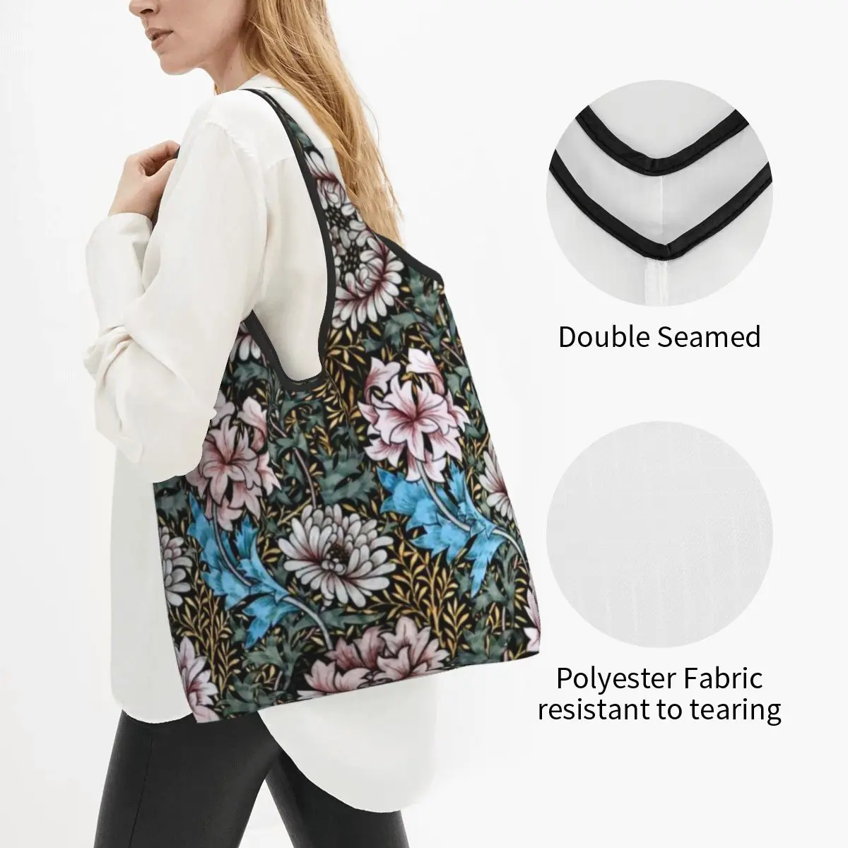 Recycling Vintage William Morris Chrysanthemums Shopping Bag Women Tote Bag Portable Bohochic Floral Groceries Shopper Bags