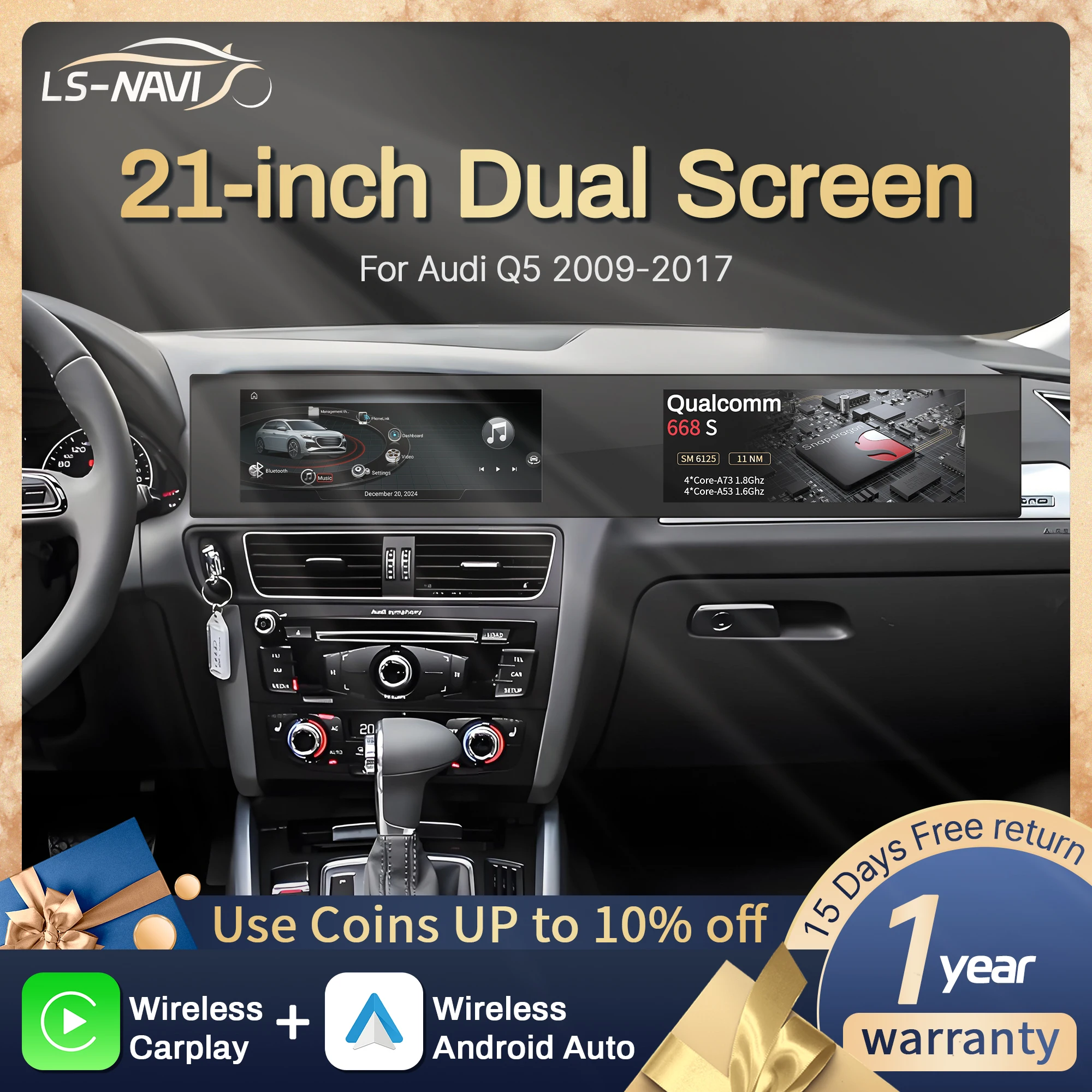 

21 inch For Audi Q5 2009-2017 Android Radio Wireless Apple Bluetooth Carplay Multimedia Touch Screen Stereo