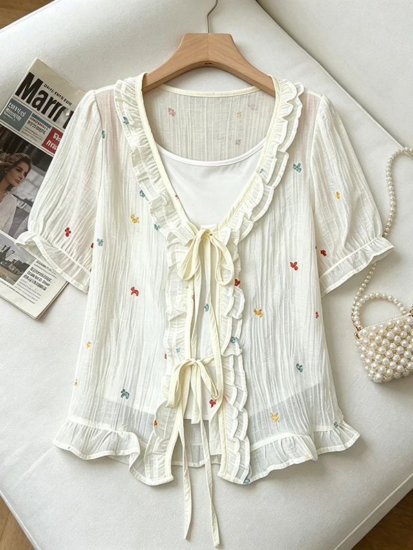 

plus Size Summer 2026 New Style Embroidered Short Sleeve Shirt Doll Top Two-Piece Set Korean Loose Fit V-Neck Regular Length