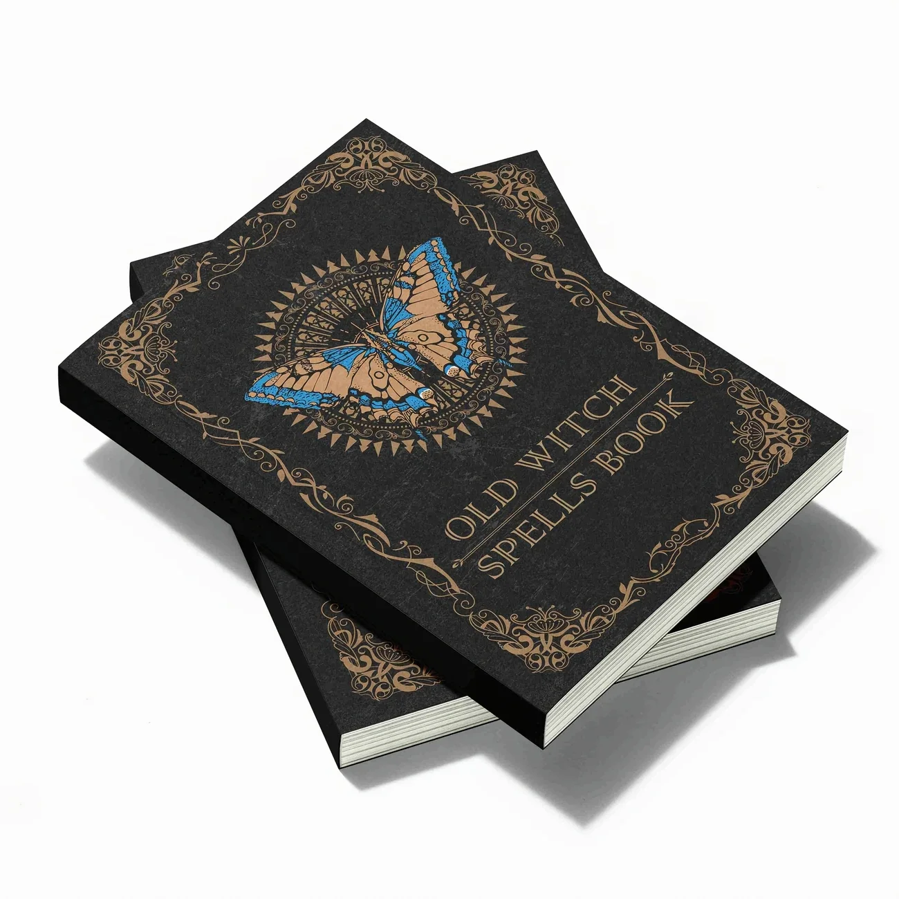 Buch „Alte Hexenzauber“ mit goldener Prägung |   A5 Zauberei Grimoire mit Schmetterlingsmotiv und mystischen Symbolen |   Premium-Papier