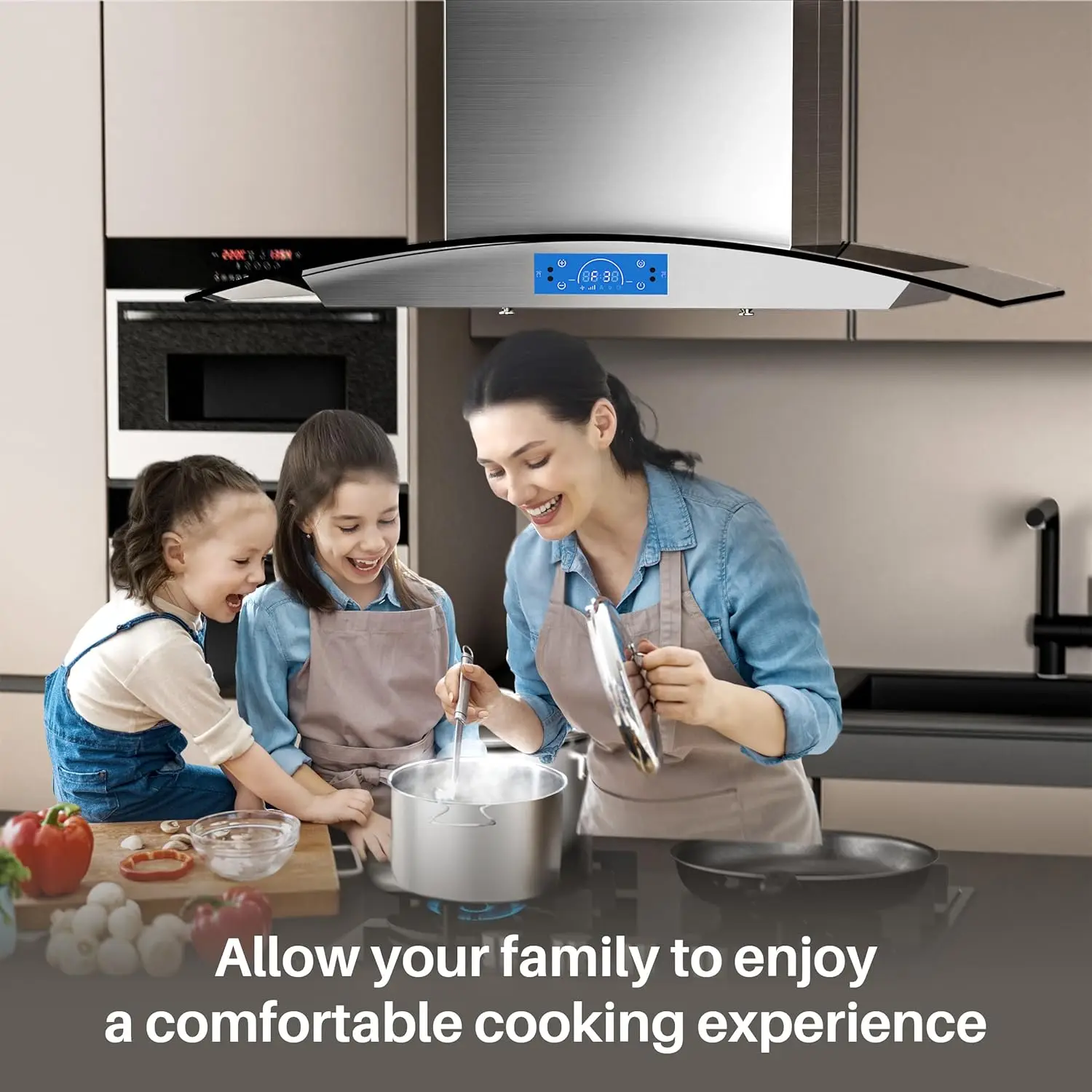 Island Range Hood 30 inch 700 CFM with Chimney, Ceiling Mount Kitchen Vent Hood with Tempered Glass, 4 LED Lights, Perma