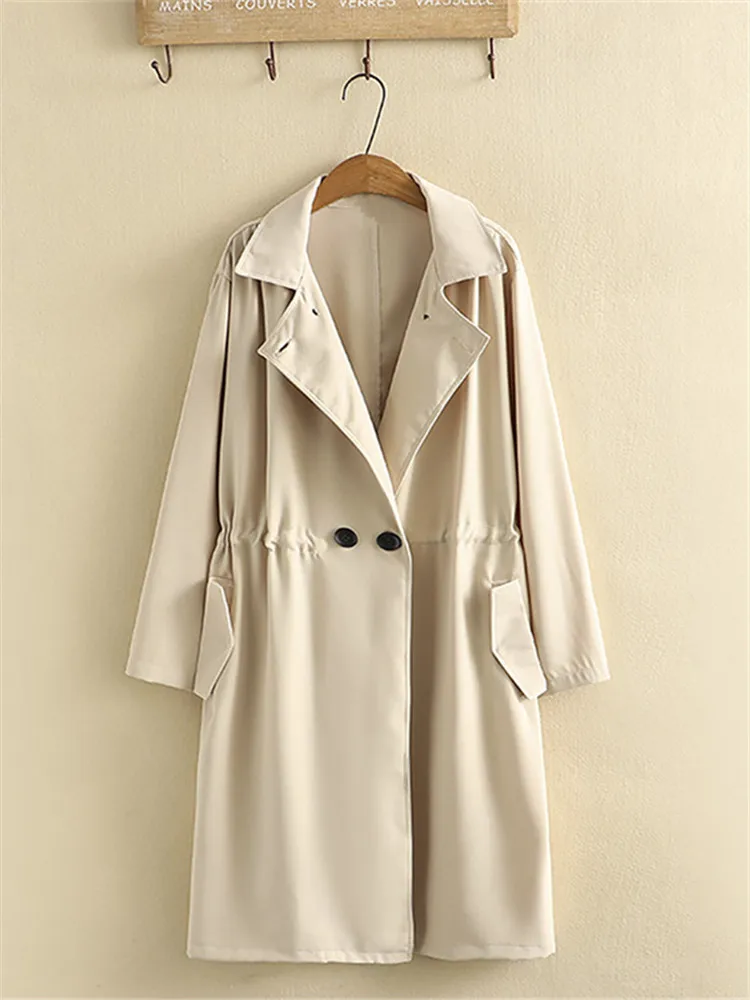 Plus Size Clothing In Spring And Autumn Wear Mid-Length Trench Coat Double Breasted Solid Color Waist Drawstring Large Size Coat