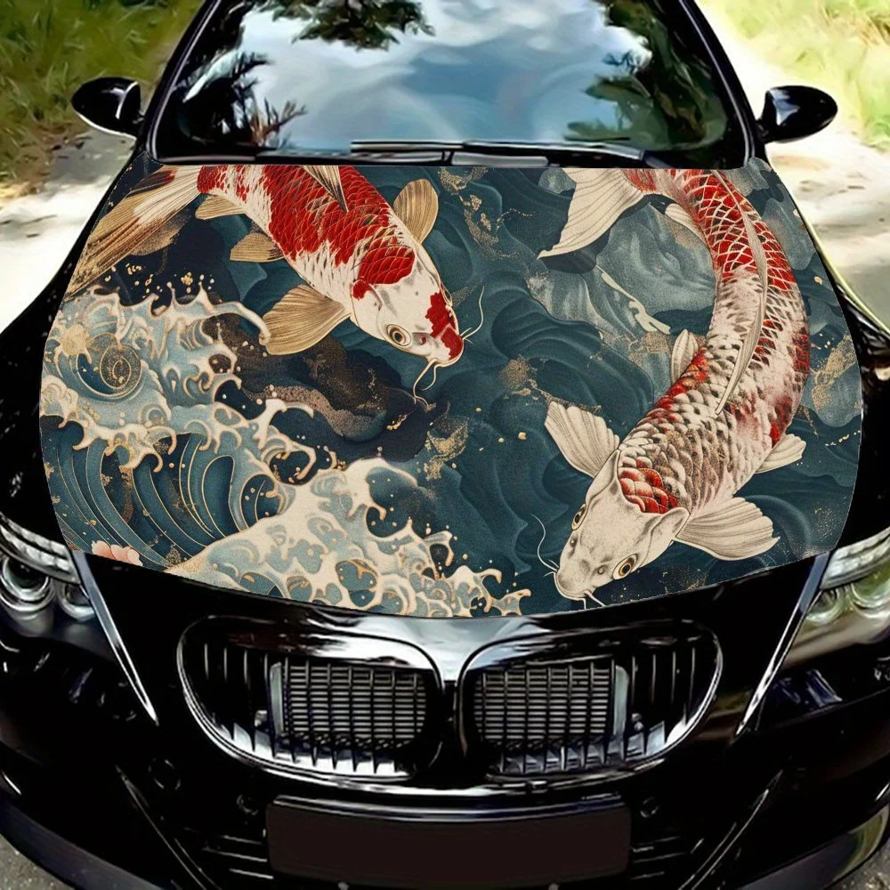 

Auspicious Koi and Sea Wave Car Hood Vinyl Wraps Decal, Auto Exterior Protective Sticker, Waterproof Self-adhesive Car Body Deco