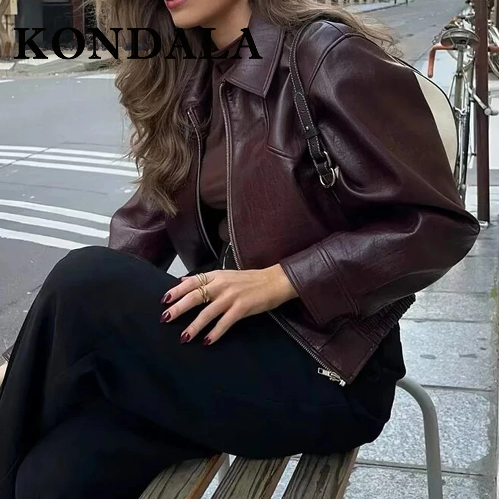 KONDALA Vintage Winered PU Casual Streetwear Woman Jackets Fashion 2025 Autumn High Street  Zipper Outwear Chic Female Cool Coat