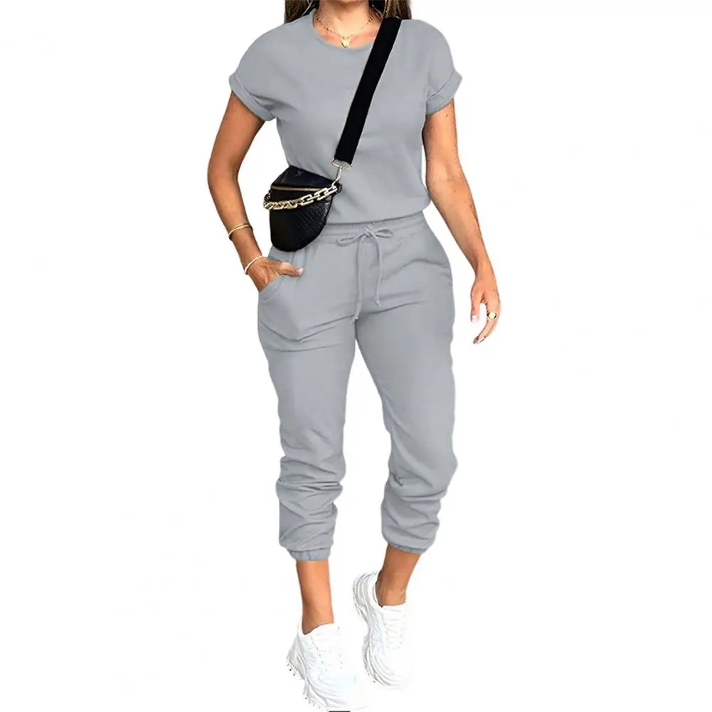 

Women's Clothing Solid Color Round Neck Short Sleeve T Shirt Top Multi-Pocket Pants Clothes Set Two Piece Sweat Set
