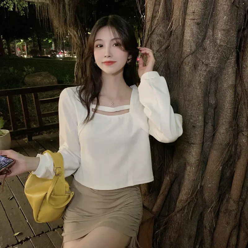 Camisetas de manga larga para mujer, moda coreana, ropa de primavera, Tops de nuevo estilo para mujer, camiseta sencilla con cuello cuadrado, camisetas informales lisas 2021