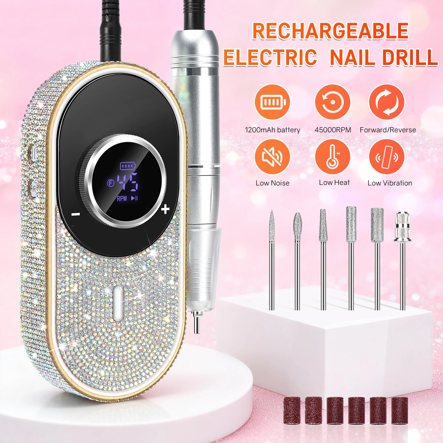 

DianaBeauty, 45000 об/мин, электрическая дрель для ногтей, перезаряжаемый полировщик для ногтей со стразами, портативная пилочка для маникюра