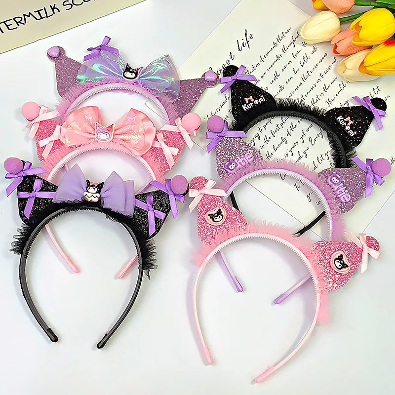 Sanrios Anime Kuromi Kids Hairband Cartoon Cute Versatile Tie One's Hair Bow Knot Kawaii Card Issuance Girl Children Gift