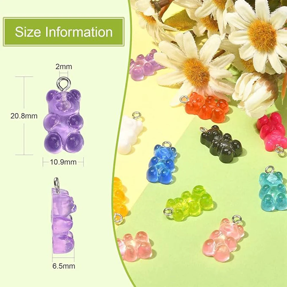 200Pcs Mixed Color Gummy Resin Bear Charms Flatback Cabochon Gandy Bear Pendants for Jewelry Necklace Bracelets Earrings Making
