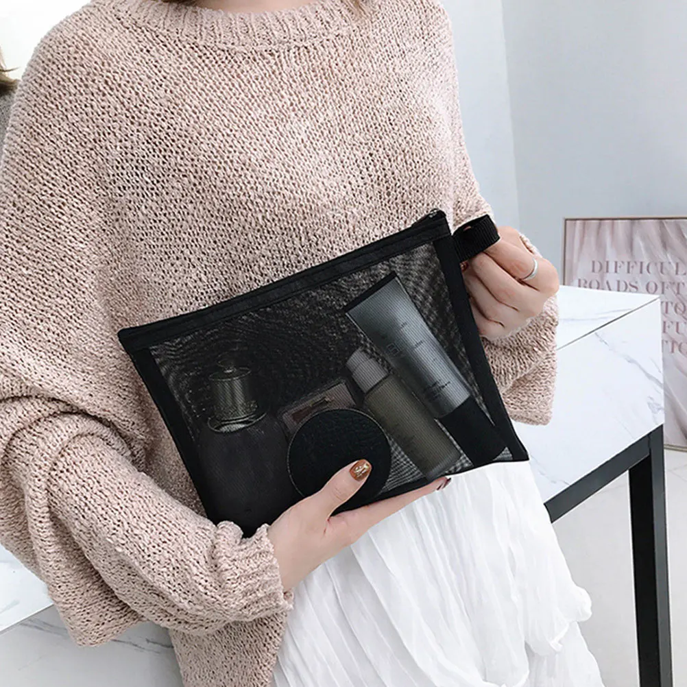 

3pcs Mesh Makeup Bags Storage Travel Toiletry Pouches Organizer Portable Zipper Closure Large Capacity For Lipstick Usb