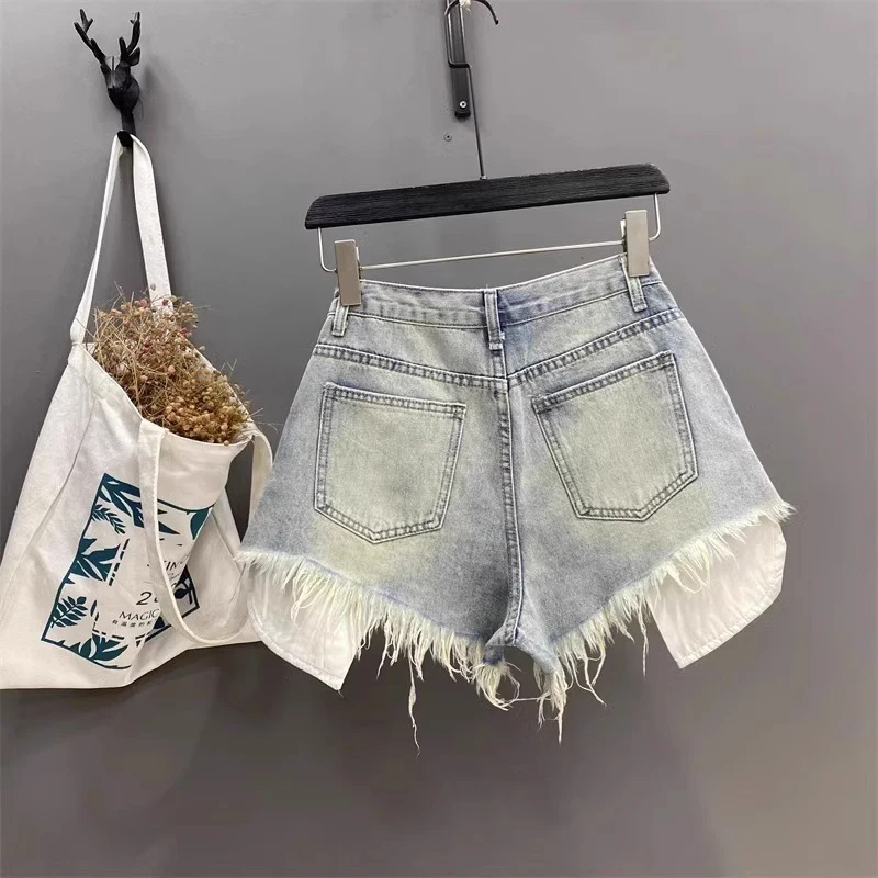 Vintage Blue Sexy Ripped Jeans Women's High Waist Summer Rolled Hem Distressed Ultra Denim Jeans Ripped Denim Shorts