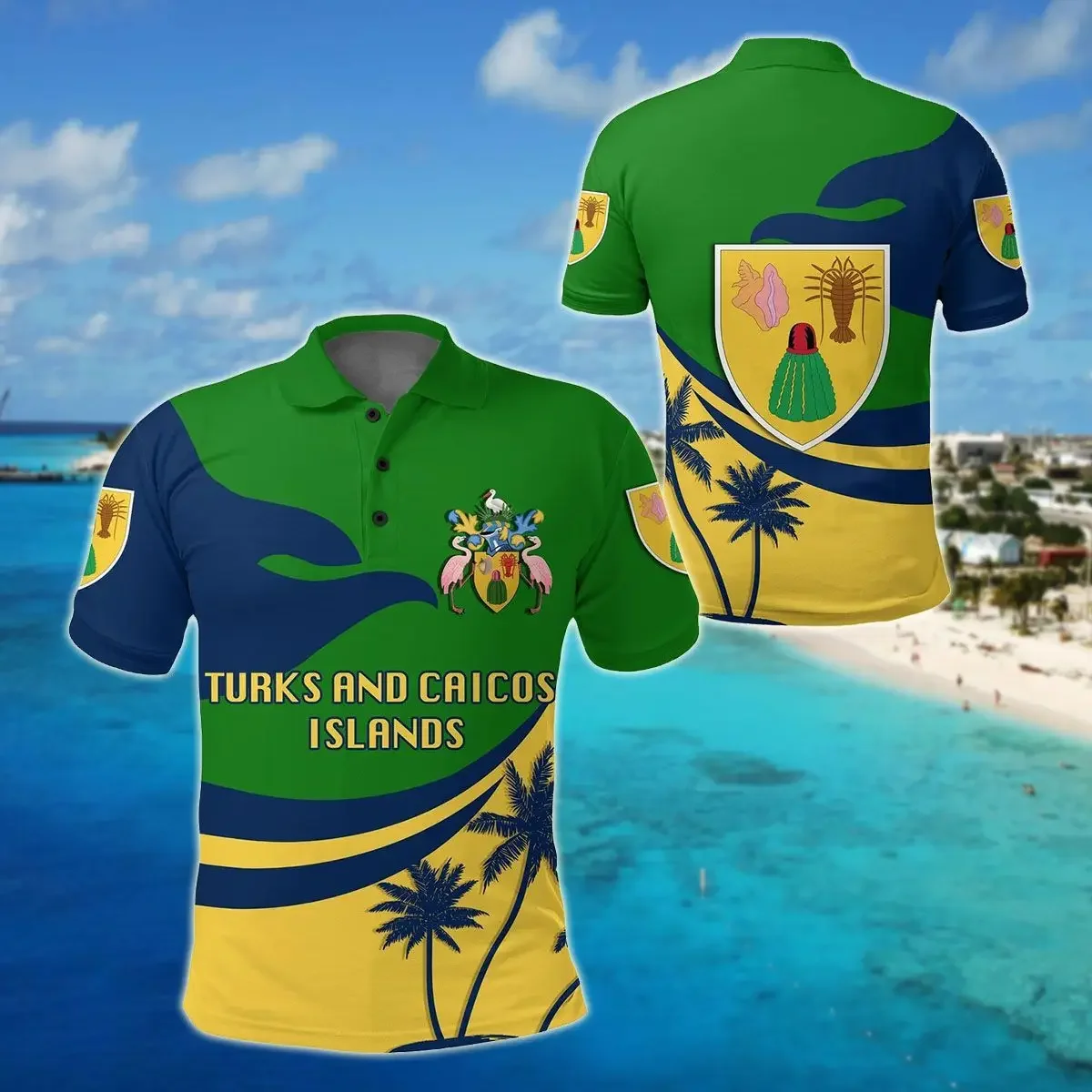 

Turks Caicos Flag & Coat of Arms Customized Polo Shirt Summer Casual Streetwear Men's Fashion Loose Jersey Plus Size Sportswear