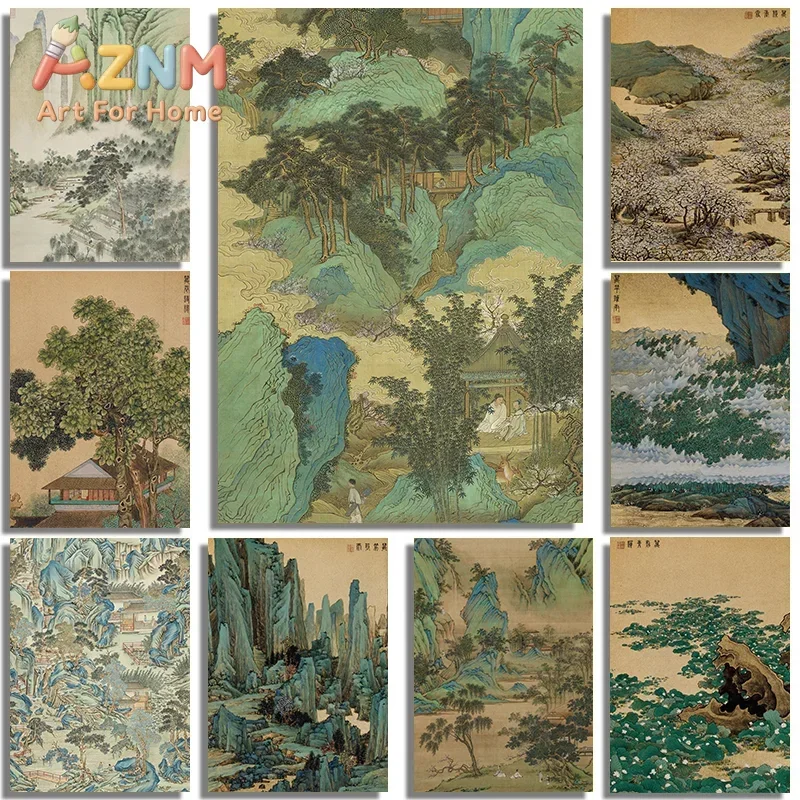 AZNM Traditional Chinese Green Landscape Canvas Wall Art Ancient Oriental Mountain Pavilion Garden Print Poster for Living Room