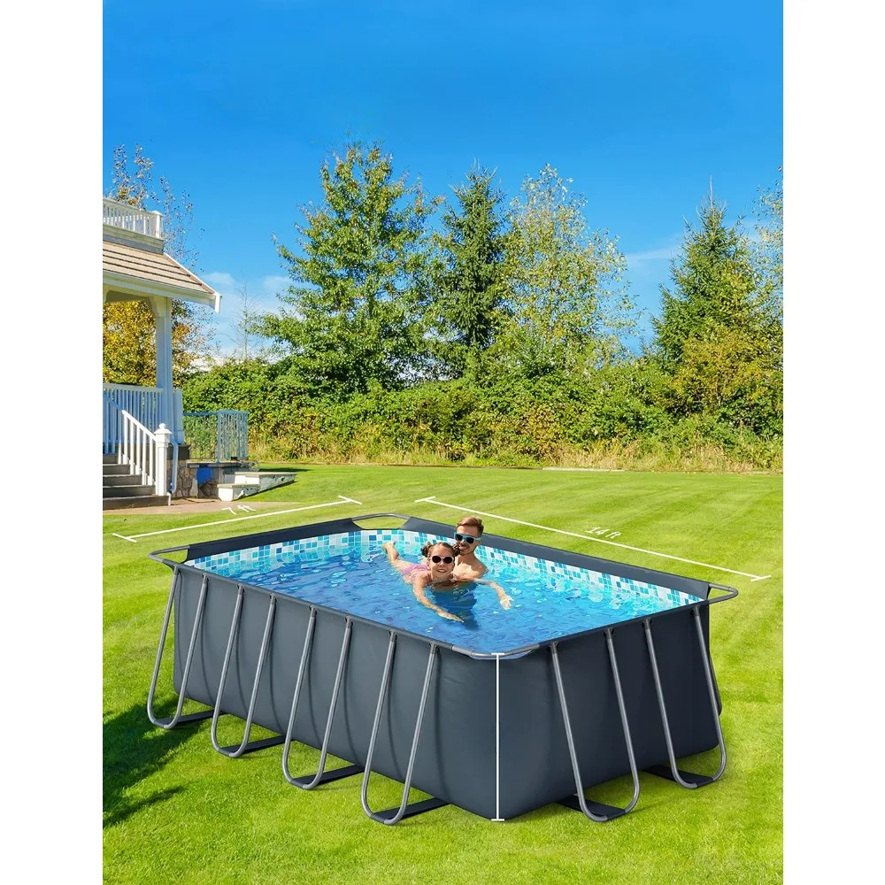 

14ft x 7ft x 48in Metal Frame Swimming Pool Set for Families, Rectangular Above Ground Pool Set with Cartridge Filter Pump