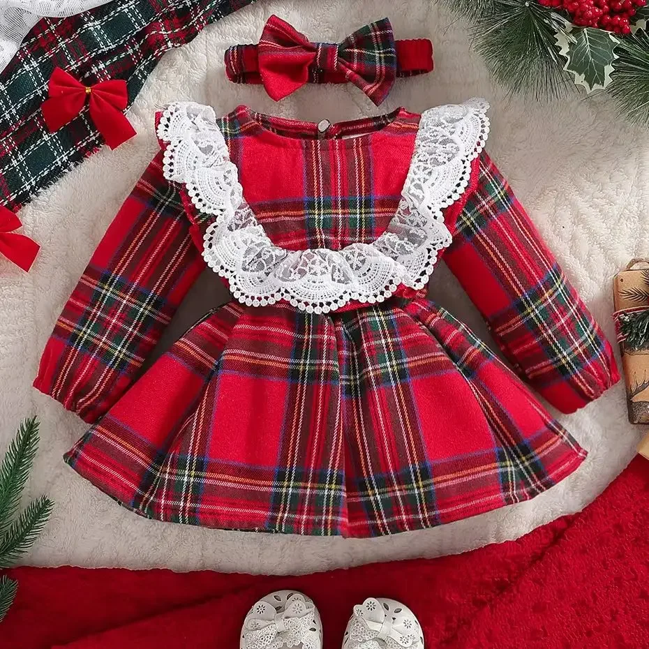 Christmas Children\'s Clothing Girls\' Dress Autumn New Baby Princess Dresses Long Sleeved Kid Red Checkered Skirt Dress for Girls