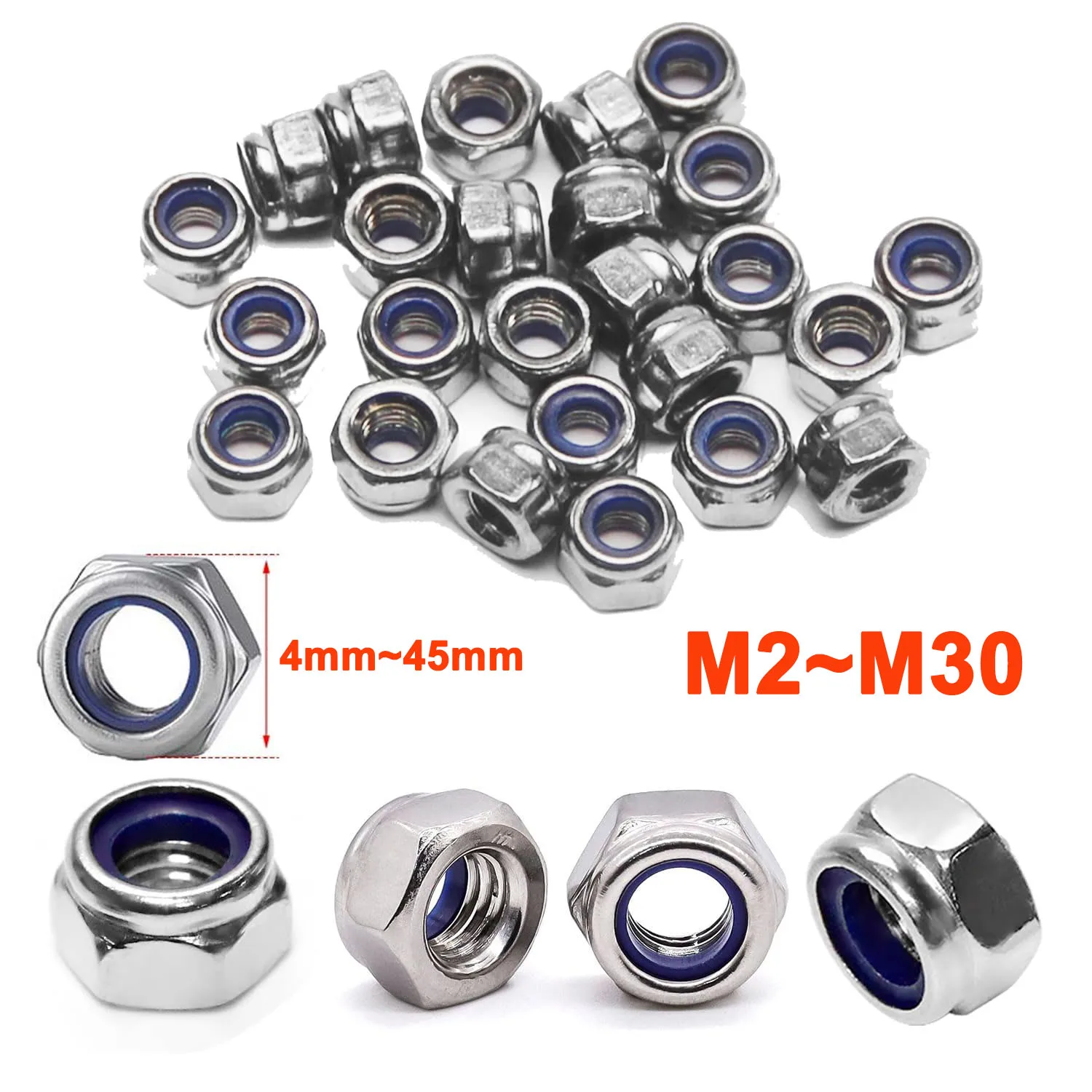 

Nylon Insert Hex Lock Nuts 304 Stainless Steel Standard Metric Thread Nylon lock Nuts for Bolts M2 M2.5 M3 M4 M5 M6 M8 M10~M30