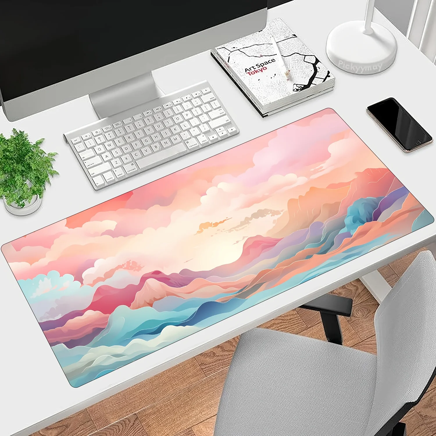 1pc Large Gaming Mouse Pad & Desk Mat - Pastel Cloudtop Sunrise Design, Non-Slip Rubber Base, Stitched Edges, Smooth Surface for