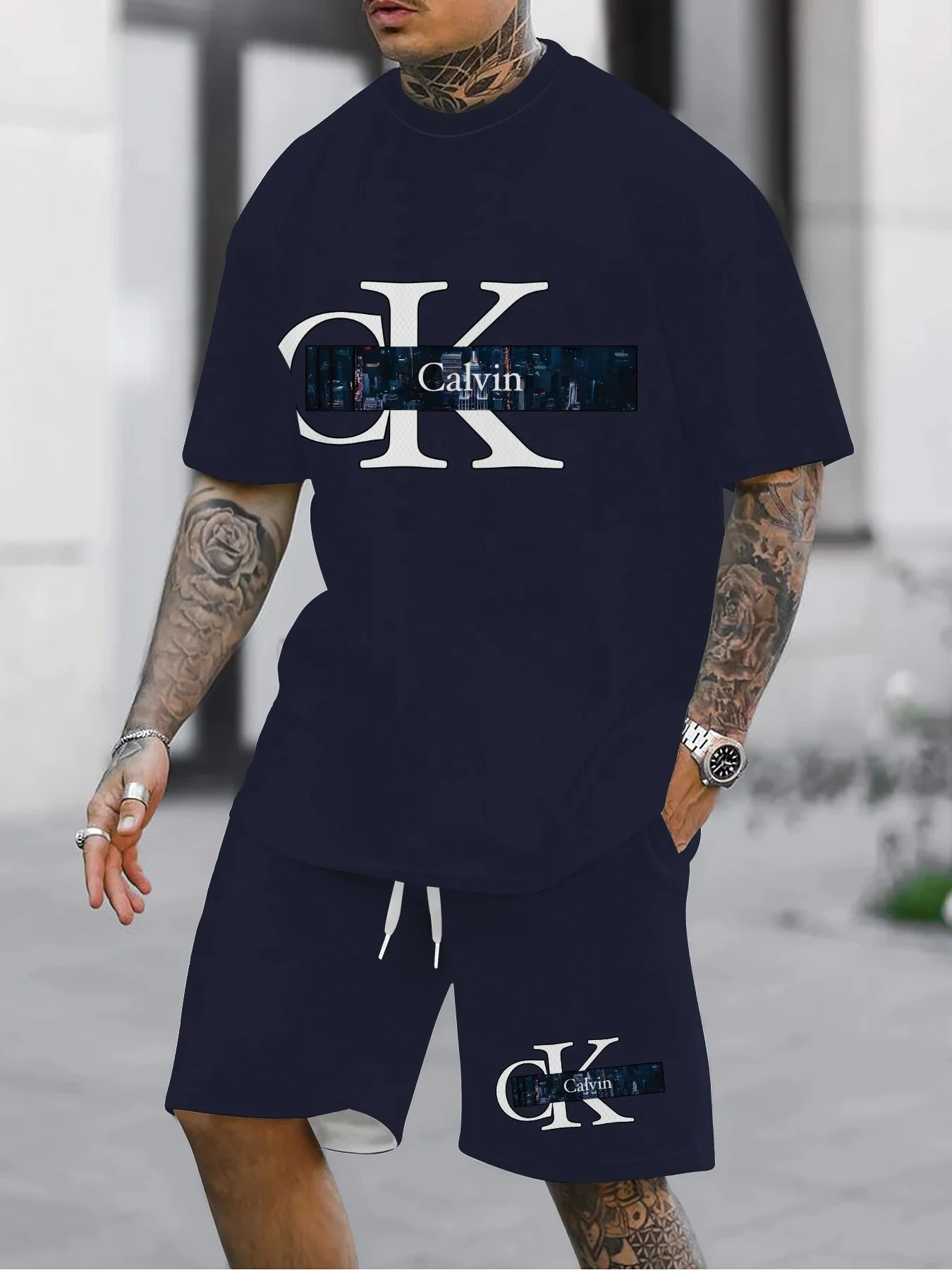 

Men Clothing Summer New Men's Leisure Sports Set Letter Printed T-shirt Shorts Round Neck 2-piece Set Two-piece Set Streetwear