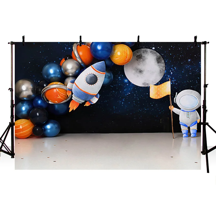 ستارة خلفية للتصوير الفوتوغرافي من Mehofond مرسوم عليها الكون وكوكب الفضاء رائد فضاء صبي حفل عيد ميلاد كعكة تحطيم ديكور بالون خلفية استوديو تصوير