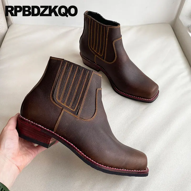 Square Toe Cowgirl Chelsea Chunky Brown Goodyear Welted Plus Size Cowboy Shoes Boots Western Retro Men Full Grain Leather Ankle