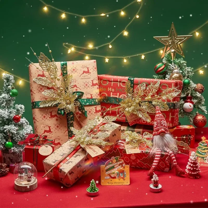 5/10 Stück Goldglitzer-Weihnachtsbaumdekoration Künstliche Beerenstiele Weihnachtsstern-Blumenzweige Ornament für Neujahrsdekoration – Detail 4